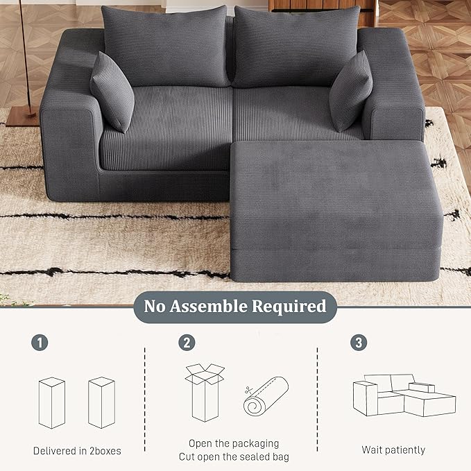 Modern Small Boneless Couch Convertible Modular Sectional Sleeper Sofa Bed Corduroy Memory Foam Cozy Modular Cloud Couch L-Shaped Cloud Sofa for Living Room No Assembly Grey