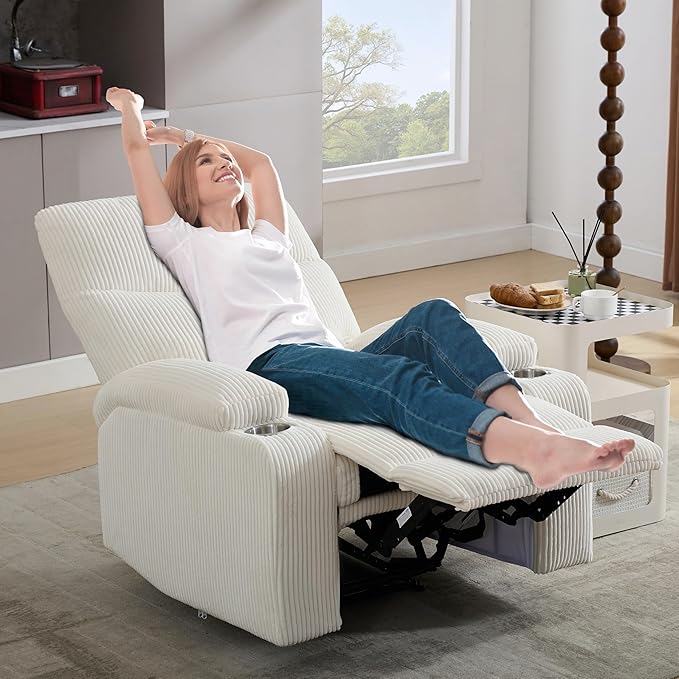 Manual Recliner Chair with Pull Ring 3 Position 140° Reclining Sofa for Living Room Nursery RV and OfficeOversized Recliner Chairs for Adults(White Corduroy Fabric)