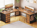SEDETA L Shaped Desk 63 Computer Desk with 5 Drawer &amp Power Outlet Long Home Office Desk or Corner Desk L Shaped Corner Desk with Monitor Shelf Storage Cabinet Rustic Brown