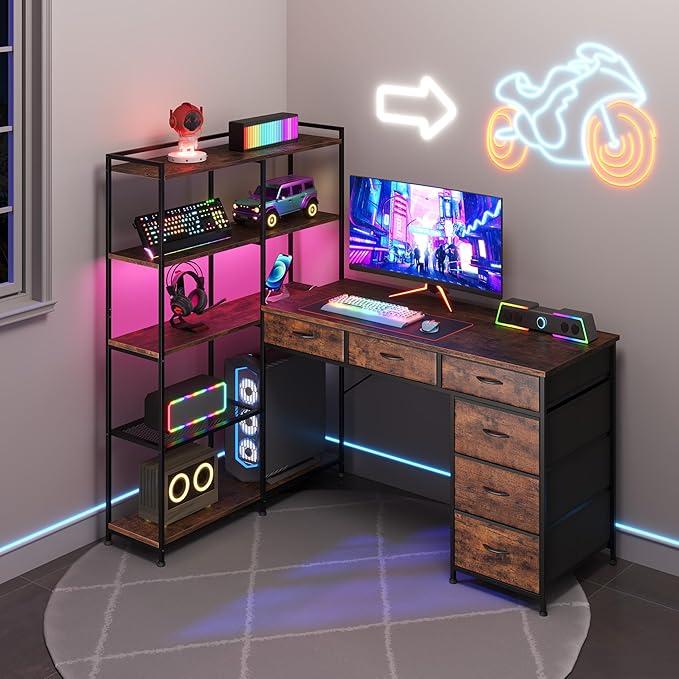 Garvee L Shaped Gaming Computer Desk with 6 Fabric Drawers Corner Gaming Desk with Open Shelves Home Office PC Table with Power Outlets &amp LED Lights 58.3 l*54.3 h Rustic Brown