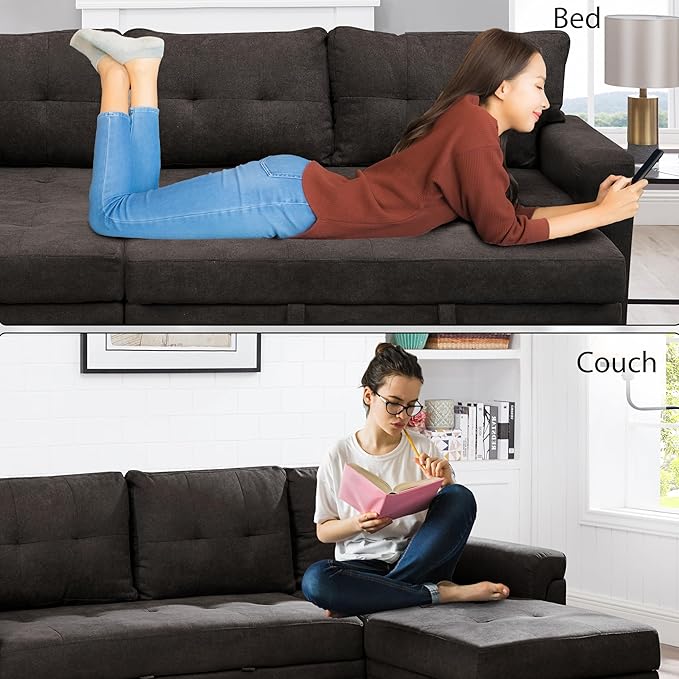 Naomi Home L Shaped Sectional Couch with Storage &amp Pull Out Bed – 3-in-1 Convertible Sleeper Sofa Bed Small L Shape Sofa for Living Room Sofa Bed with Storage Chaise in Espresso Velvet