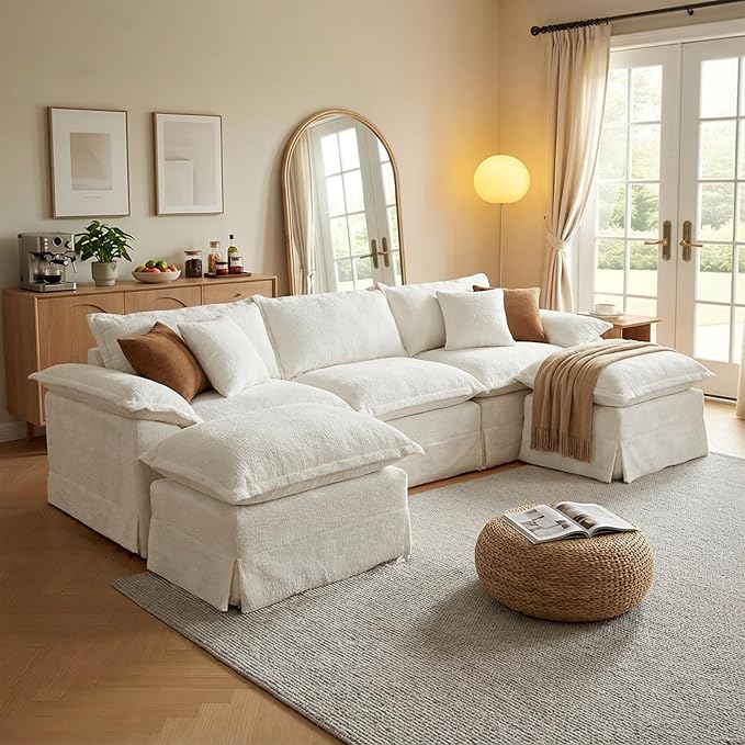 Claiks 123 Modular Boneless Couch U Shaped Couch for Living Room Modern Deep Seat Sofa 3 Seater Chenille Fabric Comfy Cloud Couches with Movable Ottoman Beige
