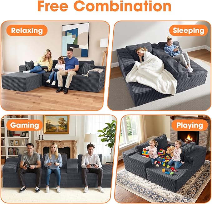 108” Modular Sectional Sofa Couches Oversized L-Shape Cloud Couch with Deep Seat Comfy Memory Foam Modern Boneless Couch for Living Room No Assembly Required