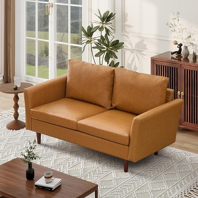 Tbfit Loveseat Faux Leather Sofa Couches for Living Room Bedroom &amp Office Light Brown