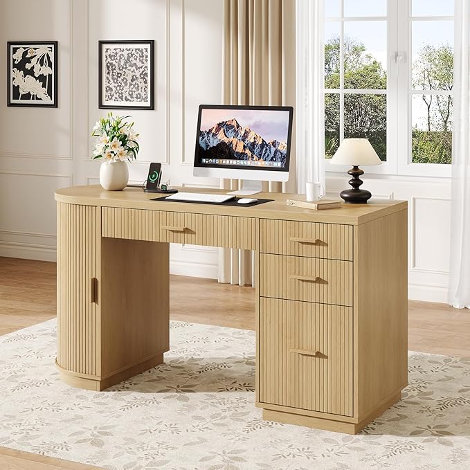 ONBRILL 58 Inch Fluted Executive Desk Computer Desk with Storage Drawers &amp File Drawer Modern Home Office Desk with Charging Station for Working Studying Writing Oak