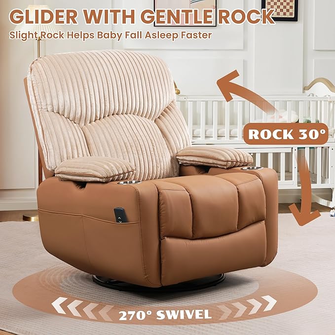 GRAINELL Rocking Chair Nursery Electric Swivel Recliner Glider with Adjustable Armrests Nursing Chair with USB Charger Cup &amp Blanket Holders Brown Corduroy &amp PU Leather