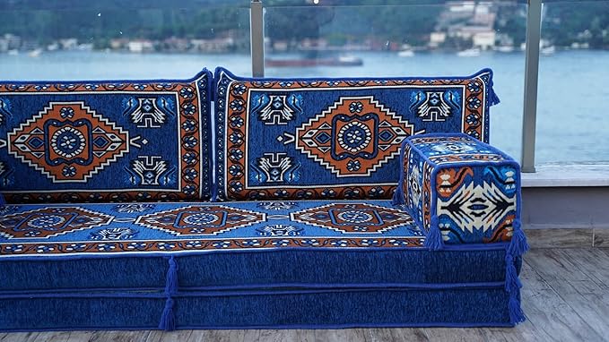 arabicsofa 8 Inch Thick Royal Blue Arabic Floor Cushion – Handmade Modular Majlis Seating with Backrest Pillows