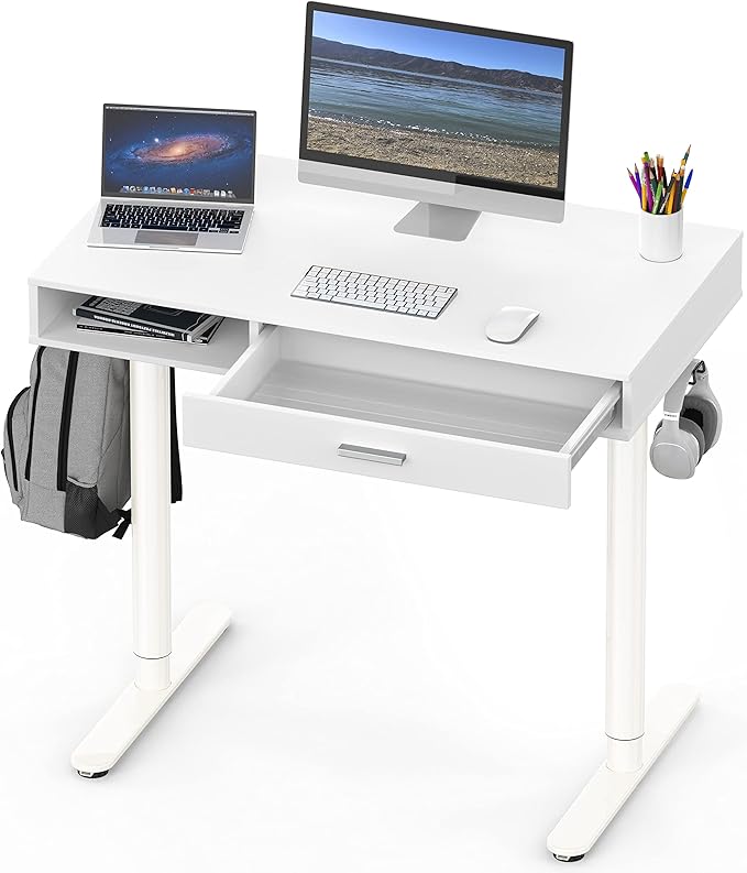 SHW 40-Inch Height Adjustable Claire Electric Standing Desk with Drawer White
