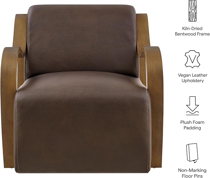 Modway Atrium Vegan Leather Upholstered Lounge Chair in Espresso with Sculptural Bentwood Arms – Mid-Century Modern Accent Armchair for Living Room or Bedroom