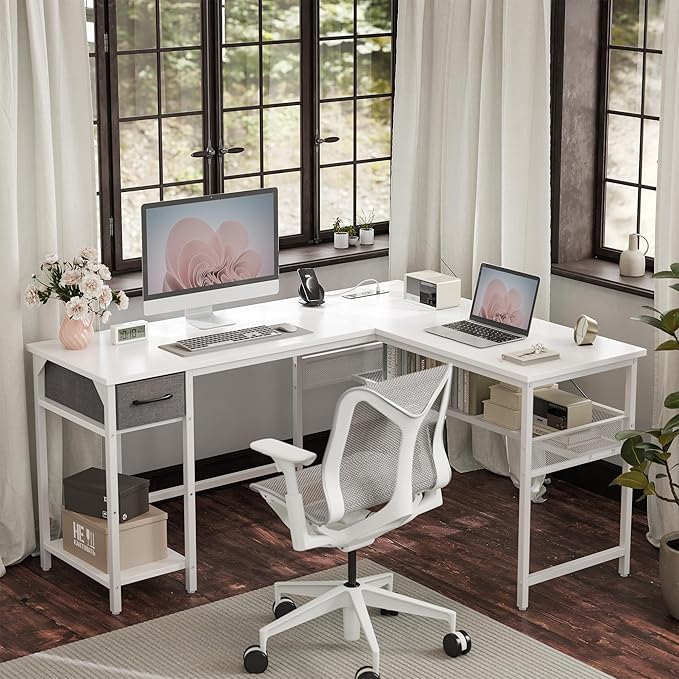 FEZIBO 58'' L-Shaped Gaming Desk with Power Outlets USB Ports Storage Shelves and Drawer – Reversible Corner Desk with Bookshelf for Home Office