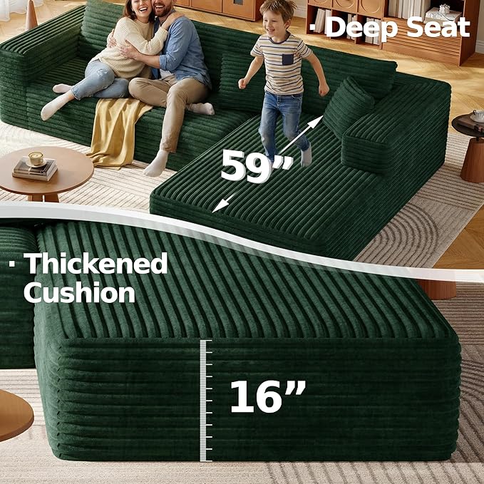 108.2 Modular Sectional Sofa with Deep Seat Boneless L Shaped Corduroy Couch Modern Comfort Cloud Couch Oversized for Living Room No Assembly (Right Facing ChaiseGreen)