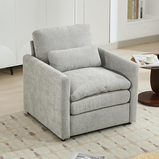 31.9 Oversized Cozy Upholstered Armchair Chenille Fabric Cloud Sofa Double Cushion Single Sofa Plush Cushion Armchair for Living Room Office Apartment (Light Grey-1c)