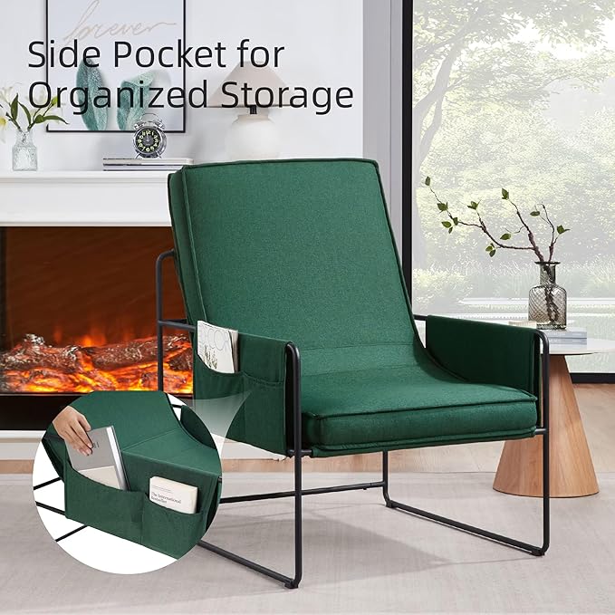 Modern Accent Chair with Removable Cushion &amp Wood Armrests - Ergonomic Vanity Chair for Living Room Bedroom Balcony 396lbs Capacity Corduroy Fabric Comfy Chair with Easy Assembly (Green)