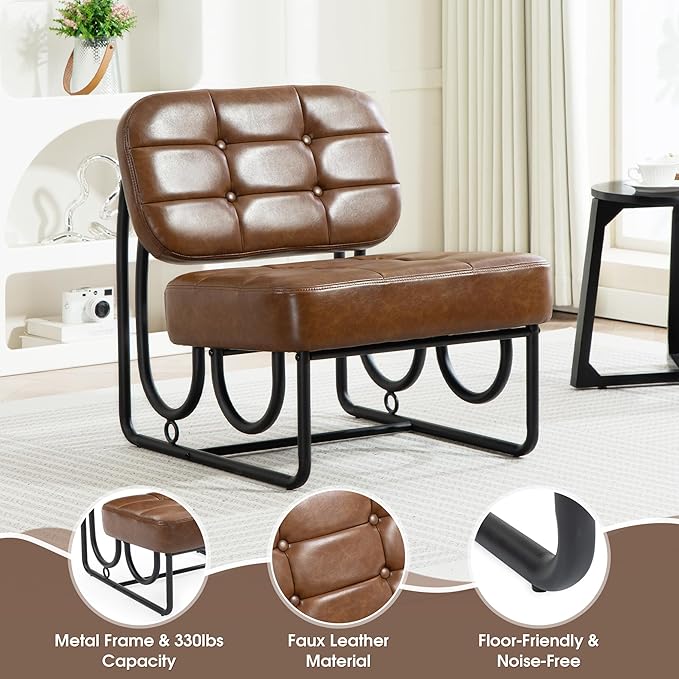 Armless Accent Chair Mid Century Modern Upholstered Leather Chair with Metal Frame 64 Wide Vintage Design for Bedroom Living Room Office Brown