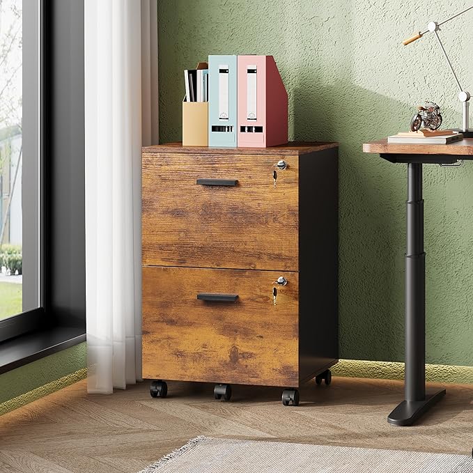 DEVAISE 2 Drawer File Cabinet Mobile Printer Stand Wood Filing-Cabinet fits A4 or Letter Size for Home Office Rustic Brown