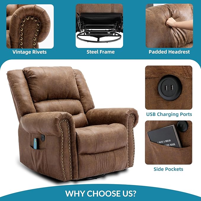 Manual 360 Degree Swivel Glider Rocker Recliner Chair with Massage and Heat USB Ports and 2 Side Pockets Bronze Suede Like Fabric Brown