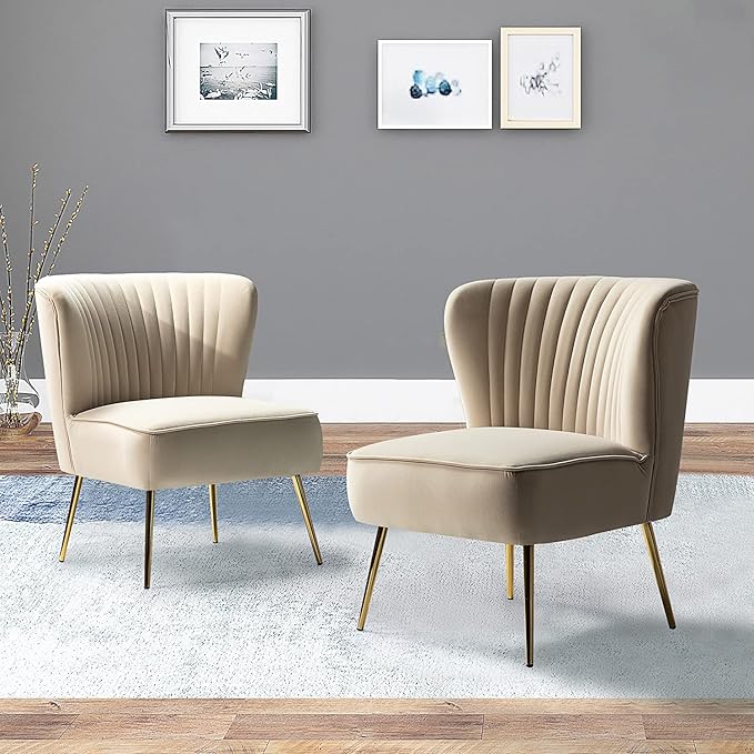 TINA'S HOME Velvet Accent Chair Set of 2 with Metal Golden Legs Upholstered Armless Slipper Chair with Wingback Mid Century Side Chair for Living Room Bedroom Vanity- Tan