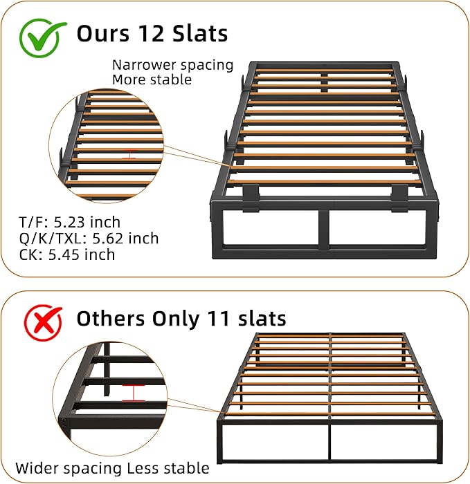 Twin XL Bed Frame 14 Inch Metal Platform Bed Frames with Squeak Free U-Slot Design 6 Non-Slip Guards 3500lbs Heavy Duty Steel Slat Support No Box Spring Needed Under Bed Storage Black
