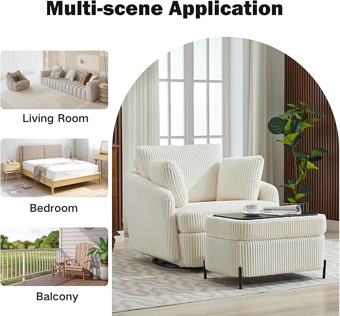 Chifee &amp Vingol 40.6 Oversized Swivel Accent Chair with OttomanCorduroyIvory