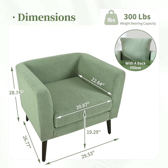 cinkehome Accent Chair for Living Room Modern Upholstered Teddy Barrel Arm Chair Large Pillow Solid Wood Legs