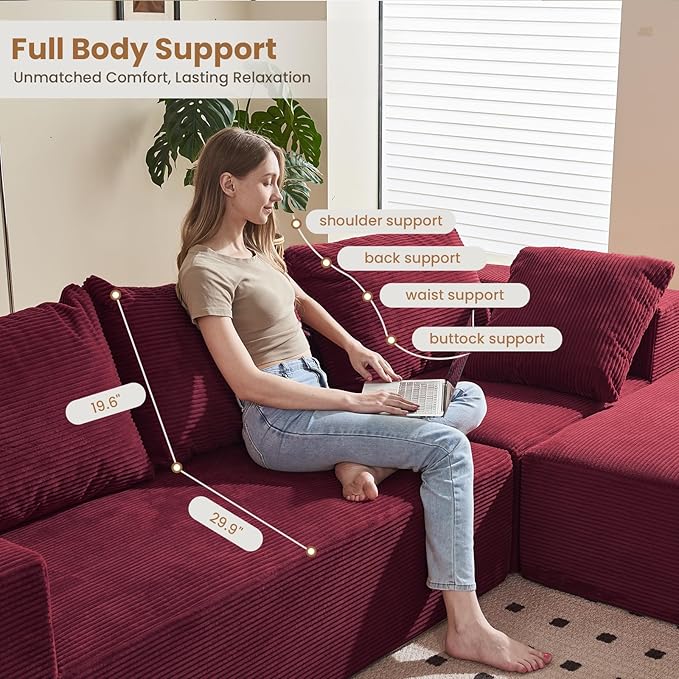 108 L-Shaped Boneless Couch Modular Sectional Sofa with Moveable Ottoman Corduroy Cloud Couches for Living Room No Assembly Ship in a Box Red