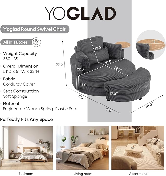 Yoglad Oversized Round Swivel Accent Chair with Ottoman &amp Wooden Armrest Tray – 360° Rotation and Stylish Modern Corduroy Fabric Perfect for Living Room/Apartment/Studio(Gray)