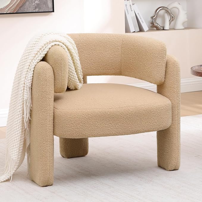 Accent Chairs Set of 2 Modern Sherpa Barrel Chairs Upholstered Living Room Chairs with 3 Legs Comfy Armchair Reading Side Chair for Bedroom Office Apartment Khaki