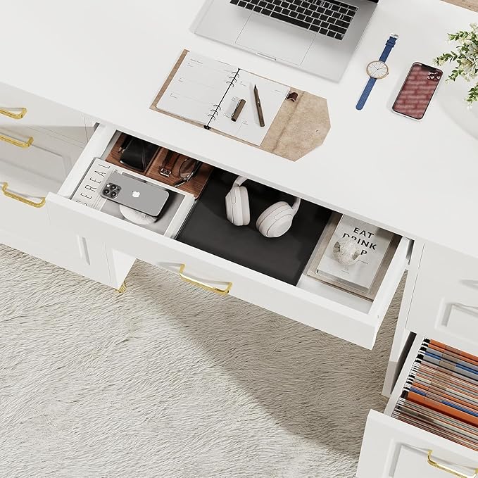 White Desk with 7 Drawers 57 Executive Desk with Storage White and Gold Desk for Bedroom Makeup Vanity Desk with Golden Handle
