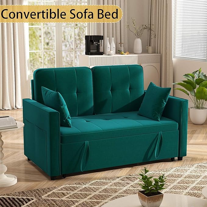 Green Convertible Sofa Bed: 3 in 1 Sleeper Sofa Couch Bed Pull Out Couch with Adjustable Backrest Velvet Convertible Loveseat Sleeper for Living Room (Green)