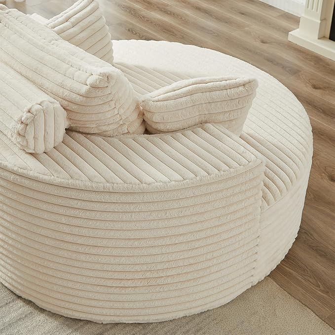 55 inch Chaise Lounge Chair Indoor Oversized Round Accent Chair Modern Corduroy Sponge Single Sofa Fluffy Sleeper Chair Deep Seat Comfortable Chair for Living Room Bedroom Apartment Beige