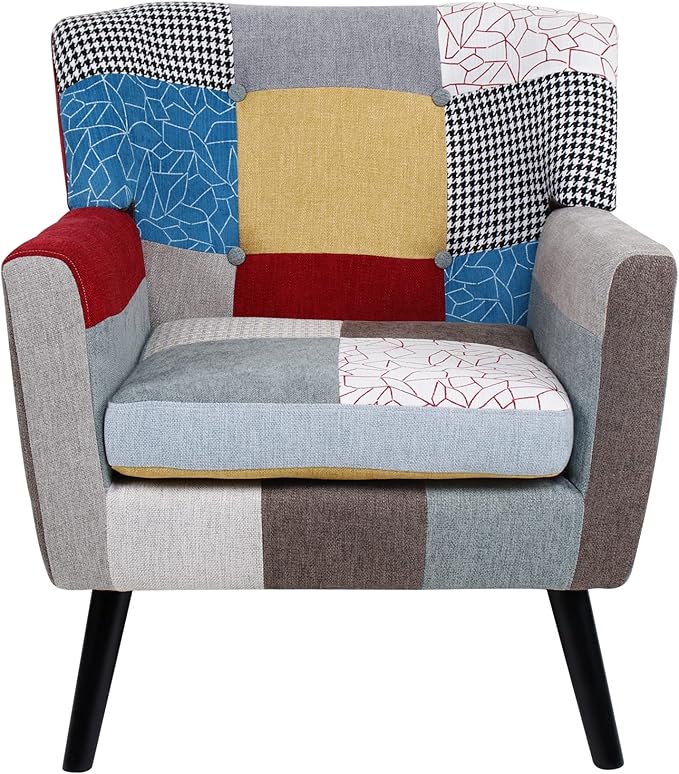 Patchwork Accent Chair Mid Century Modern Fabric Club Chair for Bedroom Comfy Colourful Single Sofa Chair for Livingroom Bedroom Office Study and Reading Room
