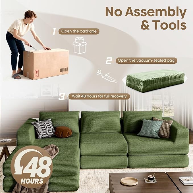 L-Shaped Corduroy Modular Sectional Couch Modern Floor Couch Sofa for Apartment Living Room Convertible Sleeper Sofa Bed with 3 Pillows No Assembly Required Green