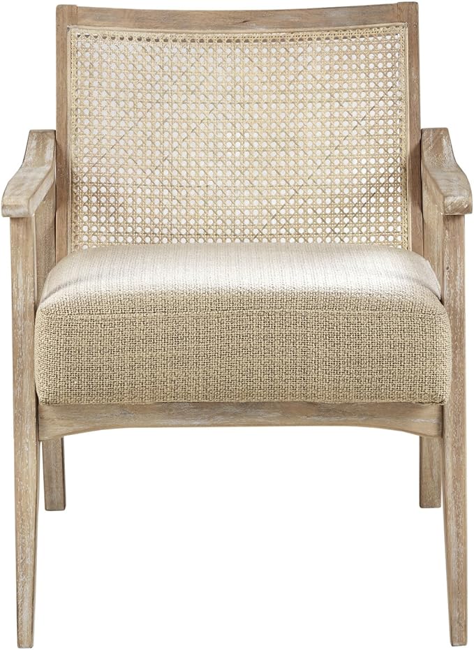 INK+IVY Kelly Accent Chair For Living Room Upholstered 6.25 T Seat Cushion Solid Wood Frame Cane Backrest Farmhouse Accent Armchair Family Room Rustic Furniture Décor 25W Light Brown