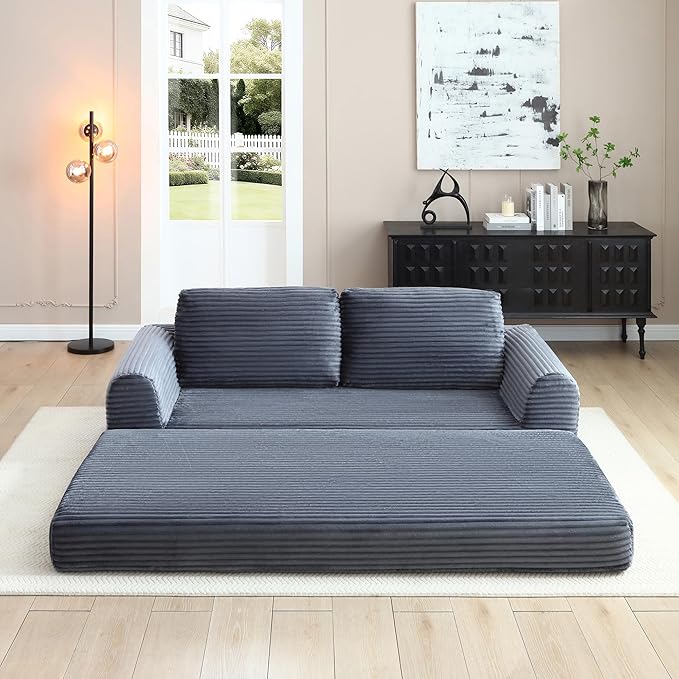82 Corduroy Convertible Boneless Couch with Pull-Out Bed 2 in-1 Folding Convertible Sofa Bed with Pillows Loveseat Floor Sofa Couches for Living Room No Assembly Required (Grey) | Breathable Mater