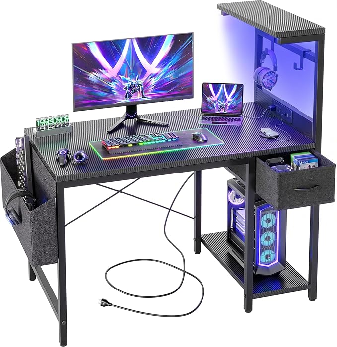 TIQLAB Gaming Desk 40 inch with Power Outlet and LED Light Computer Desk with Reversible Shelves and Storage Drawer Small PC Desk for Home Office Table with Bag Carbon Fiber Black