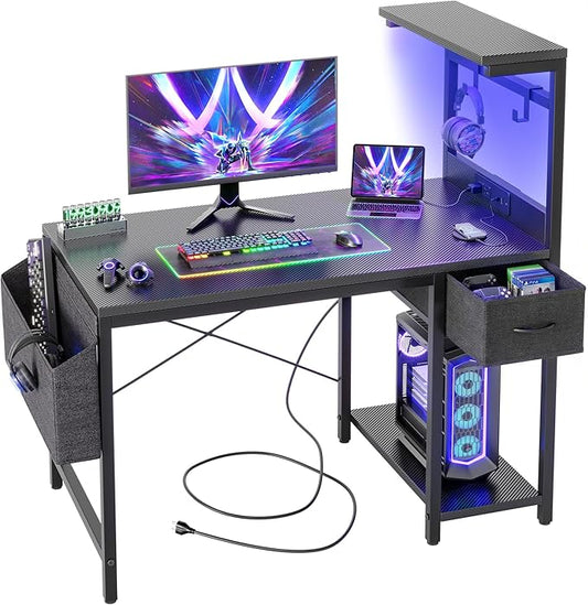 TIQLAB Gaming Desk 40 inch with Power Outlet and LED Light Computer Desk with Reversible Shelves and Storage Drawer Small PC Desk for Home Office Table with Bag Carbon Fiber Black