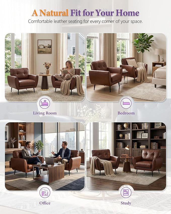 TYBOATLE Accent Chairs Set of 2 Comfy Modern Living Room Brown Leather Reading Accent Chairs Tufted Mid Century Arm Chair Small Salon Chair for Office Bedroom (2 Brown)