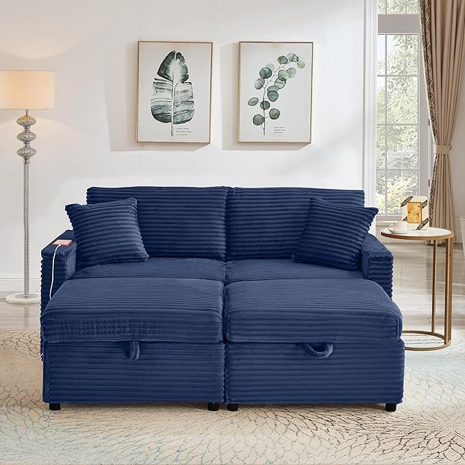 Chaise Lounge Chair Indoor 68 W Corduroy Loveseat Sectional Couch with Sorage Ottoman/Wing Table/Charge Ports/Cup Holder Modern Comfy Deep Seat Reading L-Shape Sofa for Living Room Blue