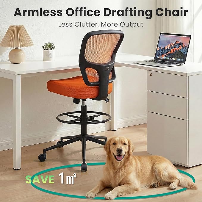 Armless Drafting Chair Tall Office Chair for Standing Desk - Adjustable Height Mesh Ergonomic Drafting Stool with Foot Ring &amp Wheels Rolling Counter Height Computer Chair for Home Office