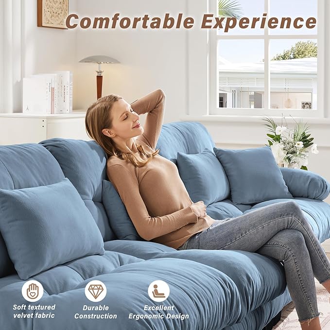 173.3 Oversized Modular Sectional Sofa 4-Seater Cloud Couch with Pillows for Living Room Home Theater ApartmentChenille Fabric（Sky Blue）