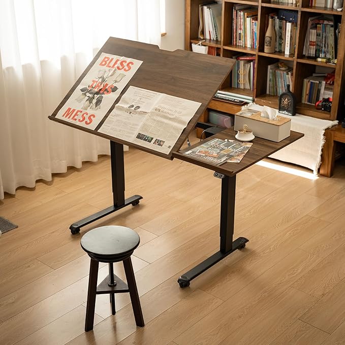 MEEDEN Electric Adjustable Office Table: 31-52 Height Adjustable Craft Desk- Tiltable Tabletop Sit Standing Home Office Desk-Walnut