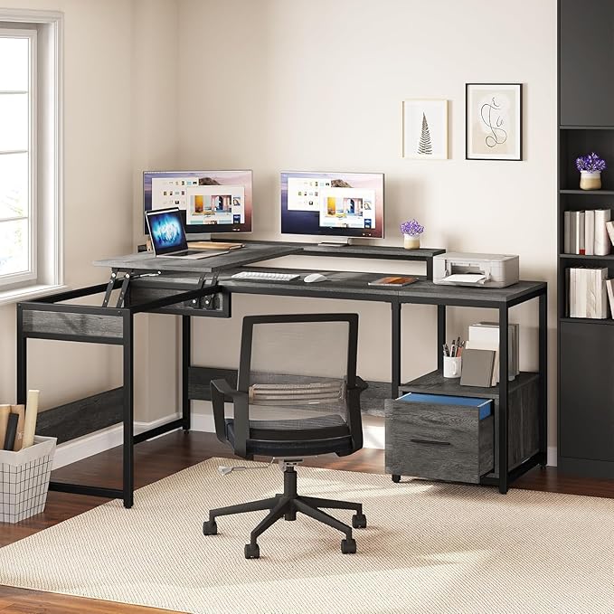 YITAHOME L Shaped Desk with Lift Top 65 Adjustable Standing Desk with File Drawer Corner Computer Desks with Storage Shelves Grey