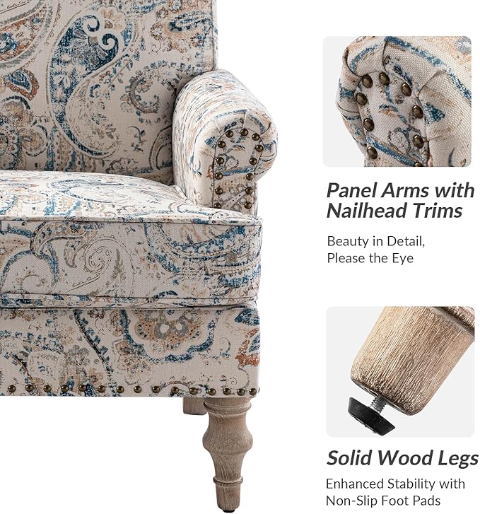 HULALA HOME Accent Armchair with Print Floral Pattern Comfy Upholstered Living Room Accent Chair with Retro Wooden Legs &amp Nailhead Trim Fabric Sofa Chair Reading Chair for Bedroom Office Paisle