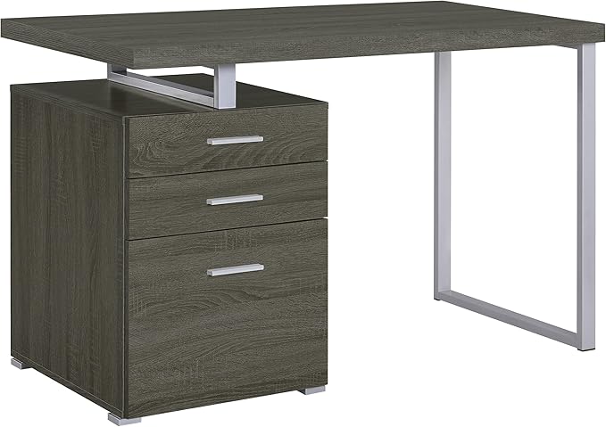 Coaster Home Furnishings Brennan Modern Contemporary Home Office 3-Drawer Writing Desk with Drawers Computer Desk Study Table File Cabinet Storage Silver Metal Frame Weathered Grey 800520
