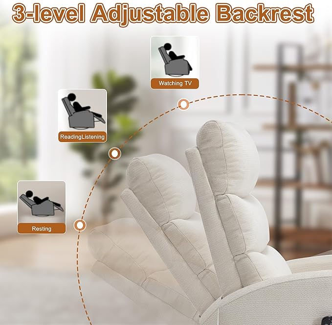 Manual Swivel Rocker Recliner Chair with Vibration Massage Overstuffed Glider Chair with Lumbar Heat for Nursery Living Room Reclining Sofa Chair Chenille Fabric Beige