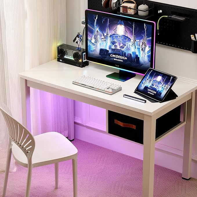 White Computer Desk with Drawer 47 Inch Home Office Work Desks Modern Writing Study PC Desk Gaming Table for Small Place Bedroom Thickened Tabletop and Stable Metal Frame Leg Support