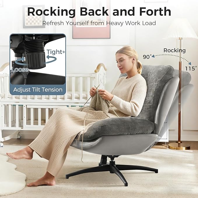 Swivel Accent Chair with Ottoman 400lbs Capacity &amp Easy Assembly Oversized 360° Swivel Rocker Recliner Comfortable Swivel Chair for Living Room Bedroom Office Grey Chenille