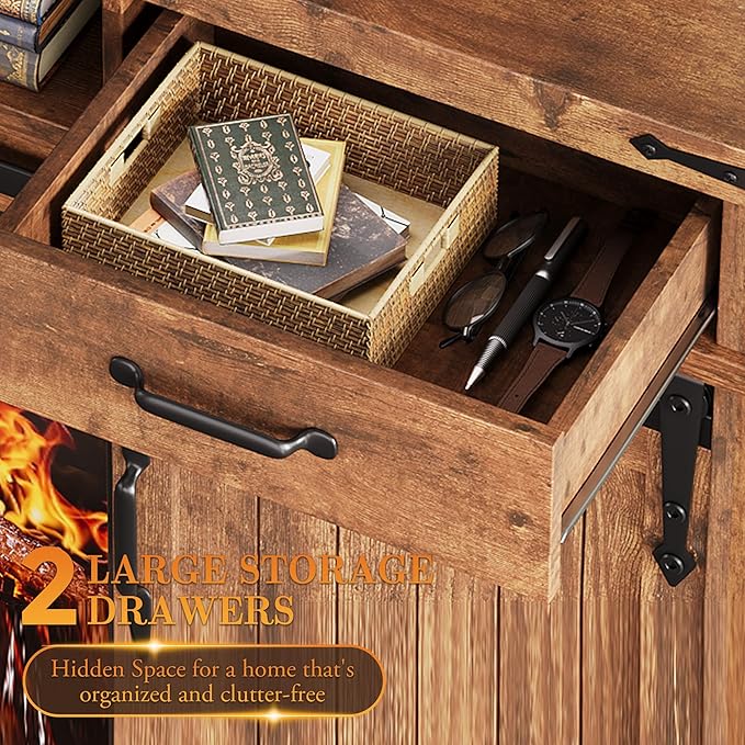 Fireplace TV Stand for TVs up to 65 Electric Fireplace with 3D Flame Farmhouse LED Light Entertainment Center TV Console with with 2 Drawers Sliding Barn Door for Living Room - Brown