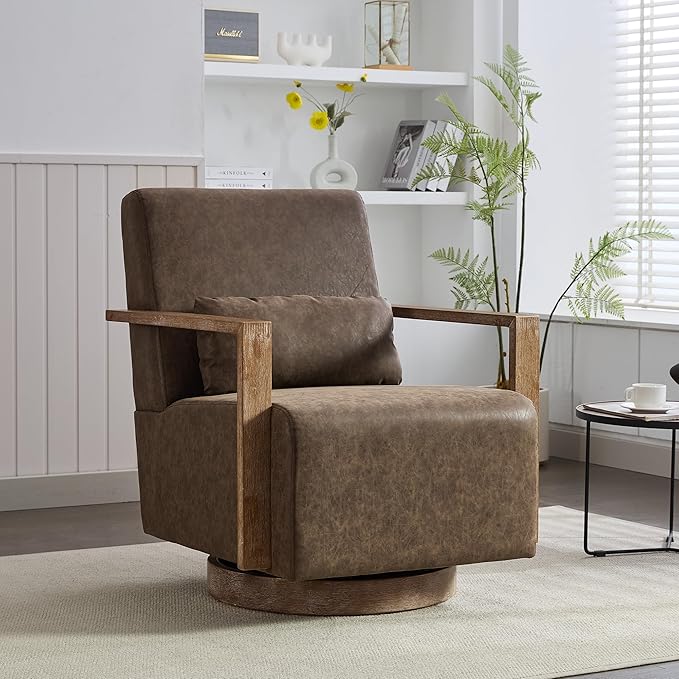 30.5 W Swivel Modern PU Upholstered Accent Chair with Solid Wood Armrests Comfy Lounge Reading Chair Side Armchair for Hotel Bedroom Living Room Office Nursery Room (PU Coffee)