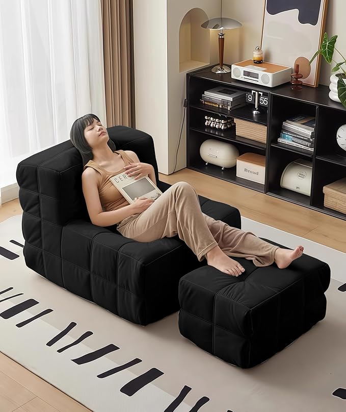 Bean Bag Chair - Memory Foam Bean Bag Chair for Adults Comfy High-Resilience Single Sofa Small Space Floor Chair Chaise Lounge for Living Room Bedroom (Black Square + Ottoman)